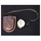 Mickey Mouse Pocket Watch With Chain And Leather Case