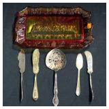 Colored Glass Tray With Image Of Last Supper, WM Rogers And Stratford Silver Plated Flatware (5) And