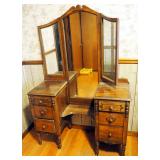 Antique, 6 Drawer Vanity With Bi-Fold Mirrors And Wood Casters, 66" x 45" x 19"
