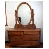 Solid Wood 6 Drawer Dresser With Oval Mirror, 74" x 54" x 19" And Matching 2 Drawer Night Stand, 22"