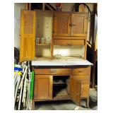 Vintage Solid Wood Bakers Cabinet With 4 Drawers, Enamel Top and Caster Wheels, 70" x 42" x 25"