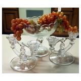 Glass Pedestal Bowl And Matching Glass Candelabras