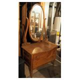 Antique 2 Drawer Dresser With Oval Beveled Glass Mirror And Wood Casters, 67" x 36" x 18"