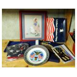 Patriotic Items Including Framed Print Collectors Plate, Flags And More