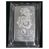 .999 Silver Ten (10) Troy Ounce Silver Bar Marked 2012 Year of the Dragon