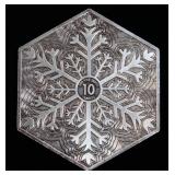 .999 Fine Silver Bar, Ten (10) Ounces, Hexagonal Shape With Snowflake Design