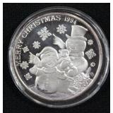 .999 Fine Silver, One (1) Ounce Coin, Obverse is Merry Christmas 1994 And Image Of Snowmen, Reverse 