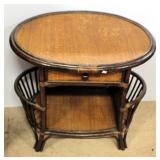 Oval End Table With Woven Cane Design, One Drawer, Lower Shelf And Two Magazine/Newspaper Holders On