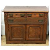 Antique Wood Buffet With 3 Drawers And 2-Door Lower Compartment, Dovetail Construction, Ornate Brass