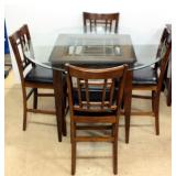 Great Veca Co. Dining Table With Round Beveled Glass Top Over Square Wood Base 36"H x 54"Dia, 4 Chai