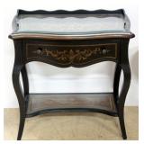 Powell Furniture Table With Serpentine Front and Single Drawer, Floral Print, Fitted Glass Top And G
