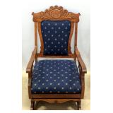 Rocking Chair With Upholstered Back And Seat, Carved Wood Headrest