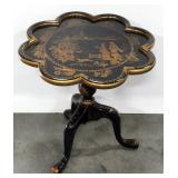 Black Lacquered OCC Table, Hand Painted China Of The Manor Design, 26"H x 25"W