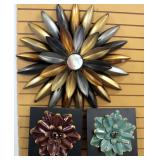 Dimensional Metal Floral Art Work, Includes Wall Hanging Flower with Mirror in Center 29"Dia And Two