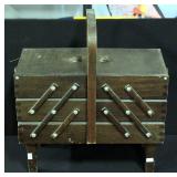 Wood Sewing Box, Sides Expand Outward To Expose 5 Storage Compartments, Has Carrying Handle, Content