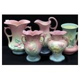 Hull Pottery Magnolia Pattern Urns, Pitcher And Vases, Range 6.25" to 8.5" High, Total Qty 5