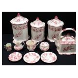 Porcelain Tea Pot, Sugar, Creamer, Tea Cups, Saucers and 3 Canisters With Lids (9.5" 10" And 11" Hig