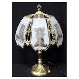 Metal Touch Lamp With Frosted Glass Shade Depicting Last Supper And Angel Images, 3 Candelabra Style