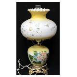 Accurate Casting Co. Table Lamp With Floral Design Glass Base And Shade, Hurricane Chimney And Brass