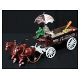 Vintage Cast Iron Horse Drawn Fruits And Vegetables Wagon, Includes Driver, Umbrella And Wagon Conte
