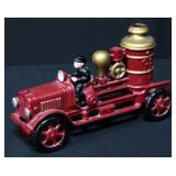 Vintage Cast Iron Fire Engine And Trolley Car, Wheels Turn