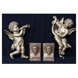Two Gold Toned John F. Kennedy Bookends 6.25"H And Two Gold Toned 1963 Wall Hanging Cherubs 16"H