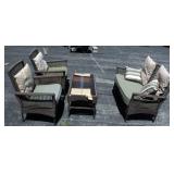Outdoor Patio Set Includes Settee 36"H x 48"W x 25"D, Two Chairs 29"W, Glass Topped Coffee Table 19.