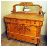 Antique 4 Drawer Buffet With Beveled Glass Mirror, 52" x 48" x 24"
