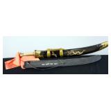 Oxtail Dao Sword With Nylon Cloth On Pommel, Wood Scabbard With Etched Dragon And Nylon Carrying Cas