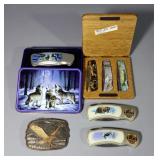 Folding Pocket Knives Featuring Wildlife Images Including Deer, Ducks, Fish, Eagles, Bears And Wolve
