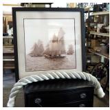 Framed Matted Under Glass Enlarged photograph Of Yacht Race, 33" x 33" With section Of Large Anchor 