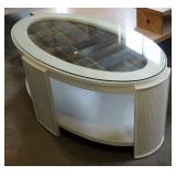 Oval Solid Wood Coffee Table With Barn Wood And Glass Top, 21" x 50" x 28"