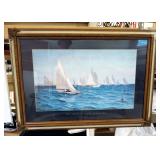 Framed Matted Under Glass, Axel Johansen Print, "The Race", 30" x 42"