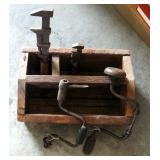 Antique Wood Carpenters Box With Wrenches And Hand Drills