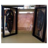 African Wall Art Including Framed, Matted, Under Glass, Ruth Willarg Print, 14" x 17" And Wood Masks