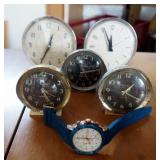 Vintage Big Ben And Baby Ben Alarm Clocks Qty 5 And Curren Chrono Meter Wrist Watch