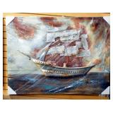 Dimensional Art Of Sailing Ship, Oil On Canvas, Ship And Sails Are In Relief, 47" Wide x 35.5" Tall