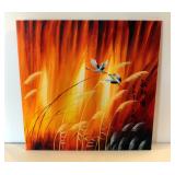 Wang Zheng, "Chinese Feng Shui Love Birds Painting Abstract Art" (Yellow/Orange Background), Hand Pa