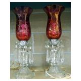 Two Table Lamps With Rose Colored Shades, Glass Base and Prisms, 15.5" Tall, Both Power On