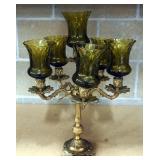 Brass Votive Candle Stand With Green Glass Candle Holders, 18" Tall, Holds Six Candles