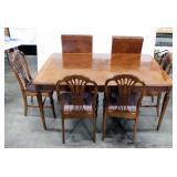 Dining Room Table, 42" Wide x 66" Long, With Two Leaves, Each Adds 20", Five Chairs With Padded Seat
