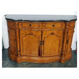 Ornate Buffet With 2 Top Drawers, Double Door Lower Compartment And 2 Side Compartments, Stone Top, 
