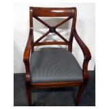 Arm Chair With Crossed Back And Metal Emblem, Padded Seats, Carved Gold-Tone Floral Designs In Arm R