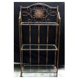 Collapsible Three Shelf Metal Shelving, Bronze Tone With Floral Emblem And Glass Shelf Inserts, 36" 