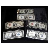 US One Dollar Silver Certificates 1935, Qty 2 Five Dollar Silver Cert. 1934,Two Dollar US Notes 1928