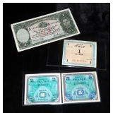 1944 WWII French Francs Qty.2, 1943 Allied Military Currency, 1 Lira Note And 1 Pound From The Commo
