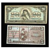 US Military Payment Certificates, Series 661, 20 Dollars And Five Dollars, Qty. 2 Notes