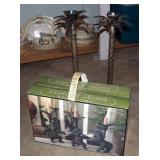 26" Matching Metal Palm Candlestick Holders, Qty 2 And Cedar Creek 3 Piece "Monkey See Monkey Do" Ca