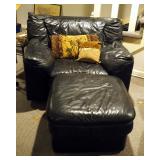 Leather Over-sized Chair With Matching Rolling Footstool, 30" X 44" X 33", Includes Throw Pillows
