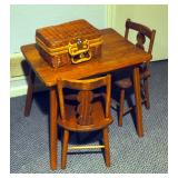 Handcrafted Wood Doll Table And 2 Chairs With Miniature 16-Piece Porcelain Tea Set In Basket